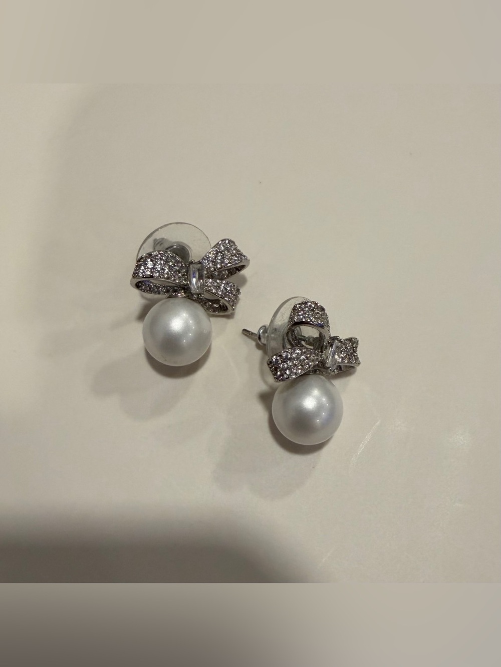 Rhinestone Bow Pearl Drop Stud Earrings - Silver & White